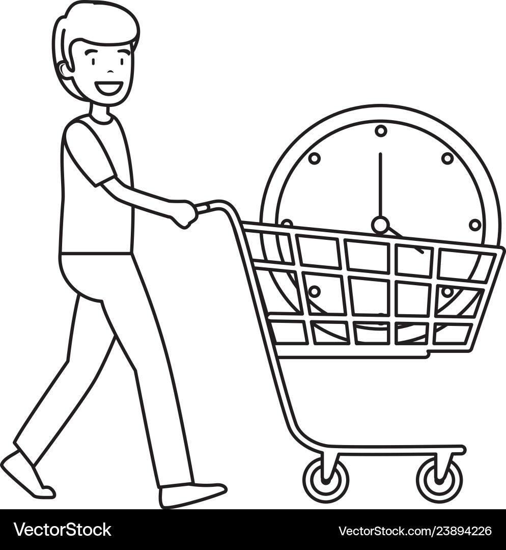 Man with time clock in shopping cart Man with time clock in shopping cart vector image