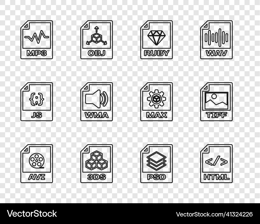 Set line avi file document html ruby 3ds mp3 Set line avi file document html ruby 3ds mp3 Vector Image