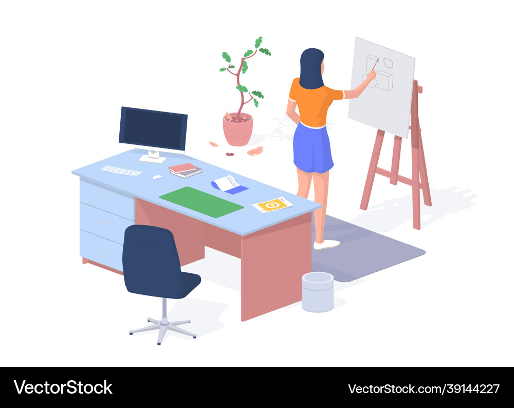 Student developing architectural project desktop Student developing architectural project desktop vector image