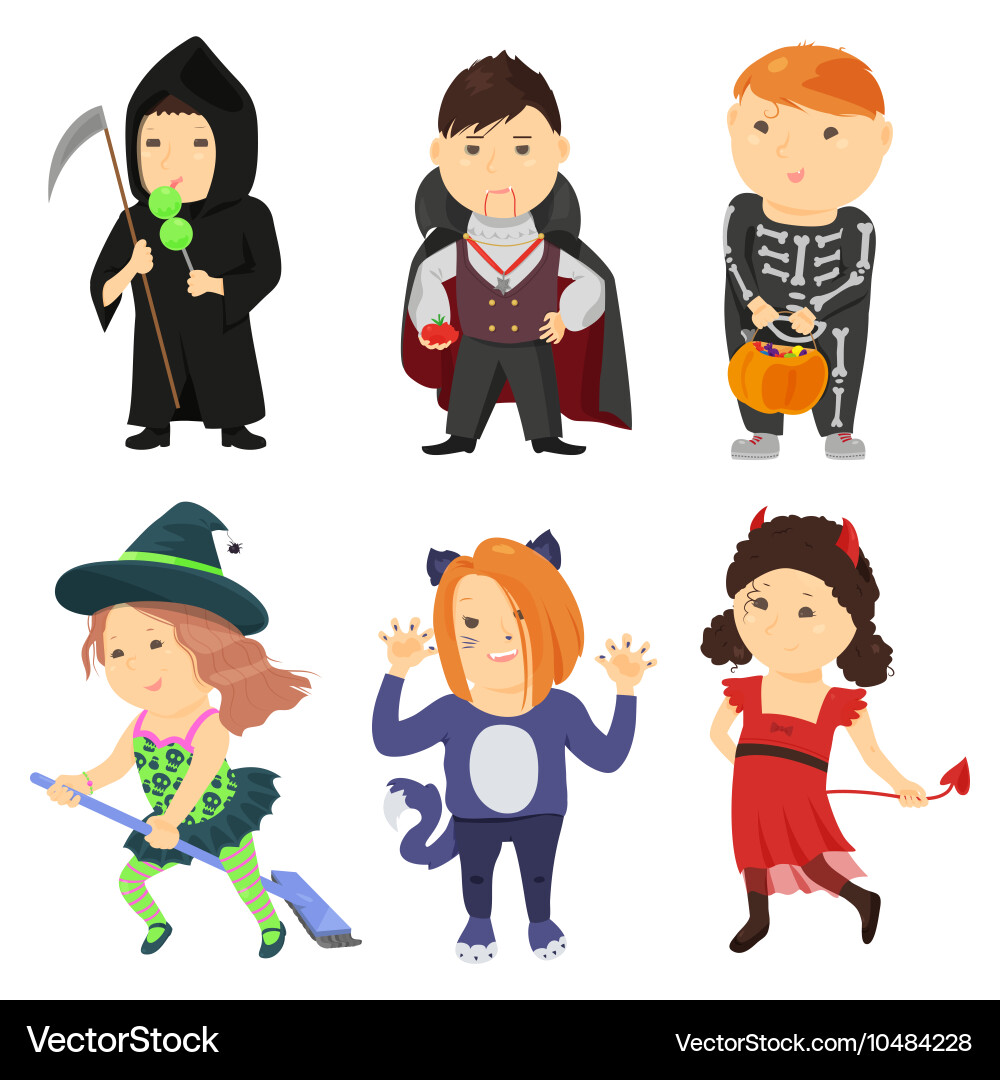 Süße Cartoon Kinder in Halloween Kostümen vektorbild