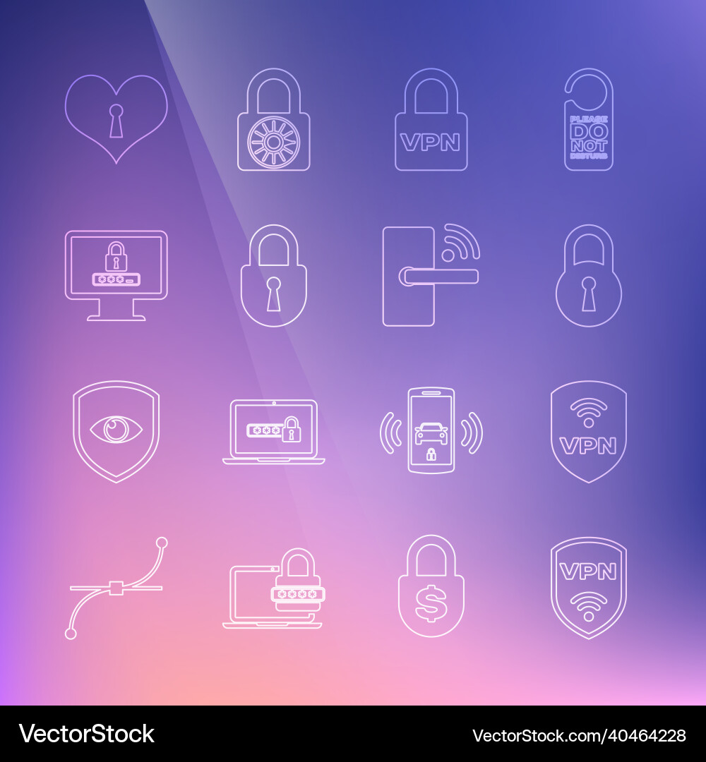 Set line shield with vpn wireless lock monitor Set line shield with vpn wireless lock monitor vector image