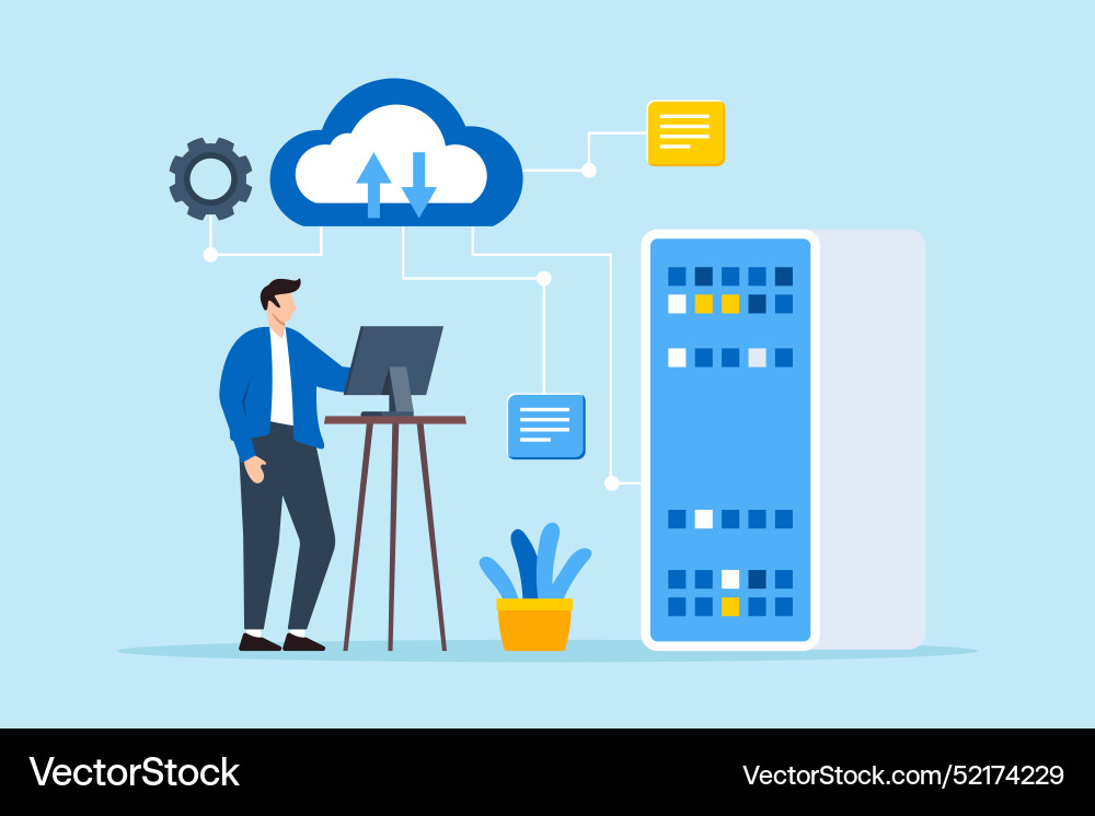 Flat of man managing data backups and protecting Flat of man managing data backups and protecting vector image