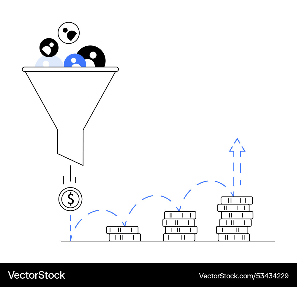 Funnel with diverse inputs filtering into coin Funnel with diverse inputs filtering into coin vector image