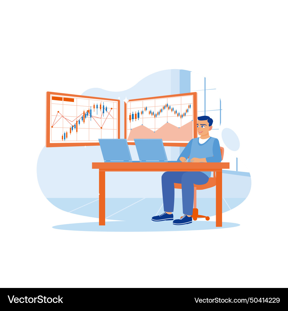 Young successful trader working in front Young successful trader working in front vector image