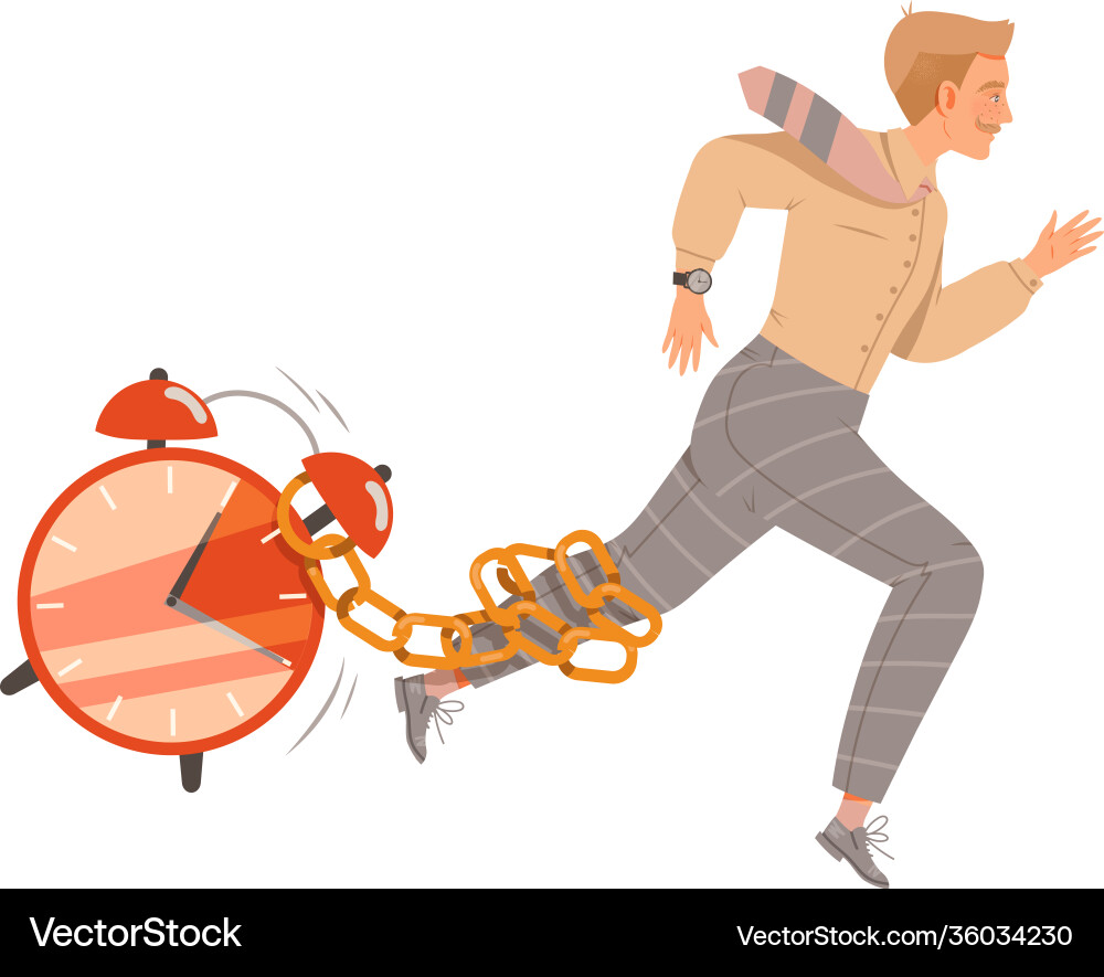 Man running with alarm clock chain tangled around Man running with alarm clock chain tangled around Vector Image