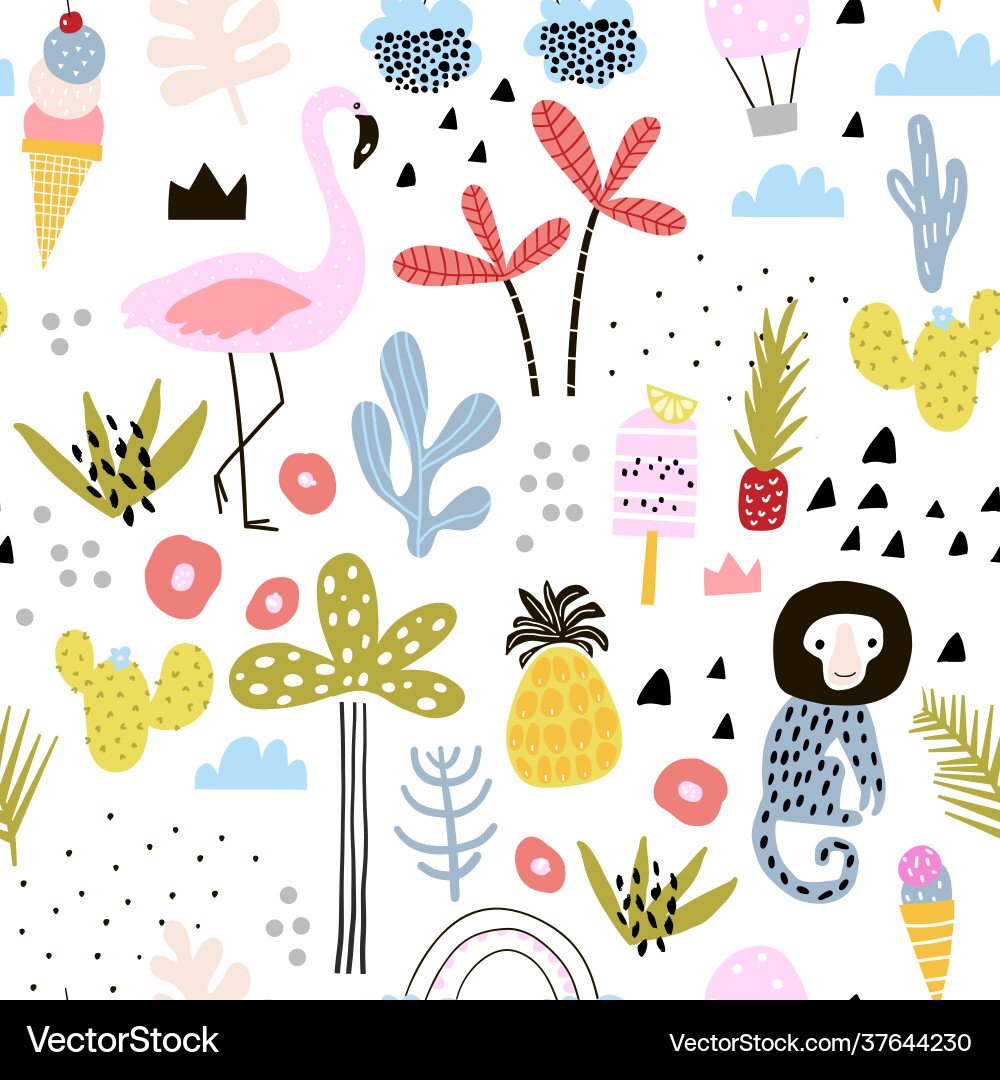 Seamless pattern with flamingo leopard monkey Seamless pattern with flamingo leopard monkey vector image