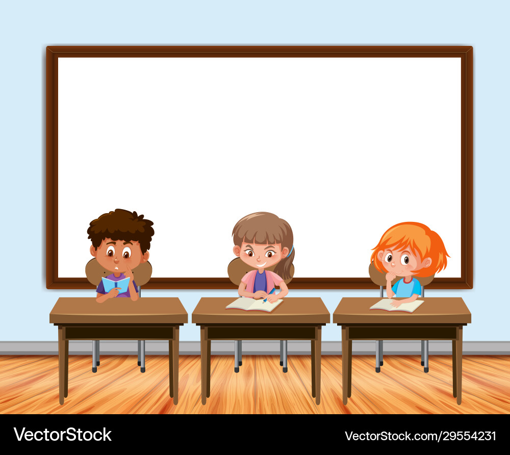 Frame design with board and students in classroom Frame design with board and students in classroom vector image