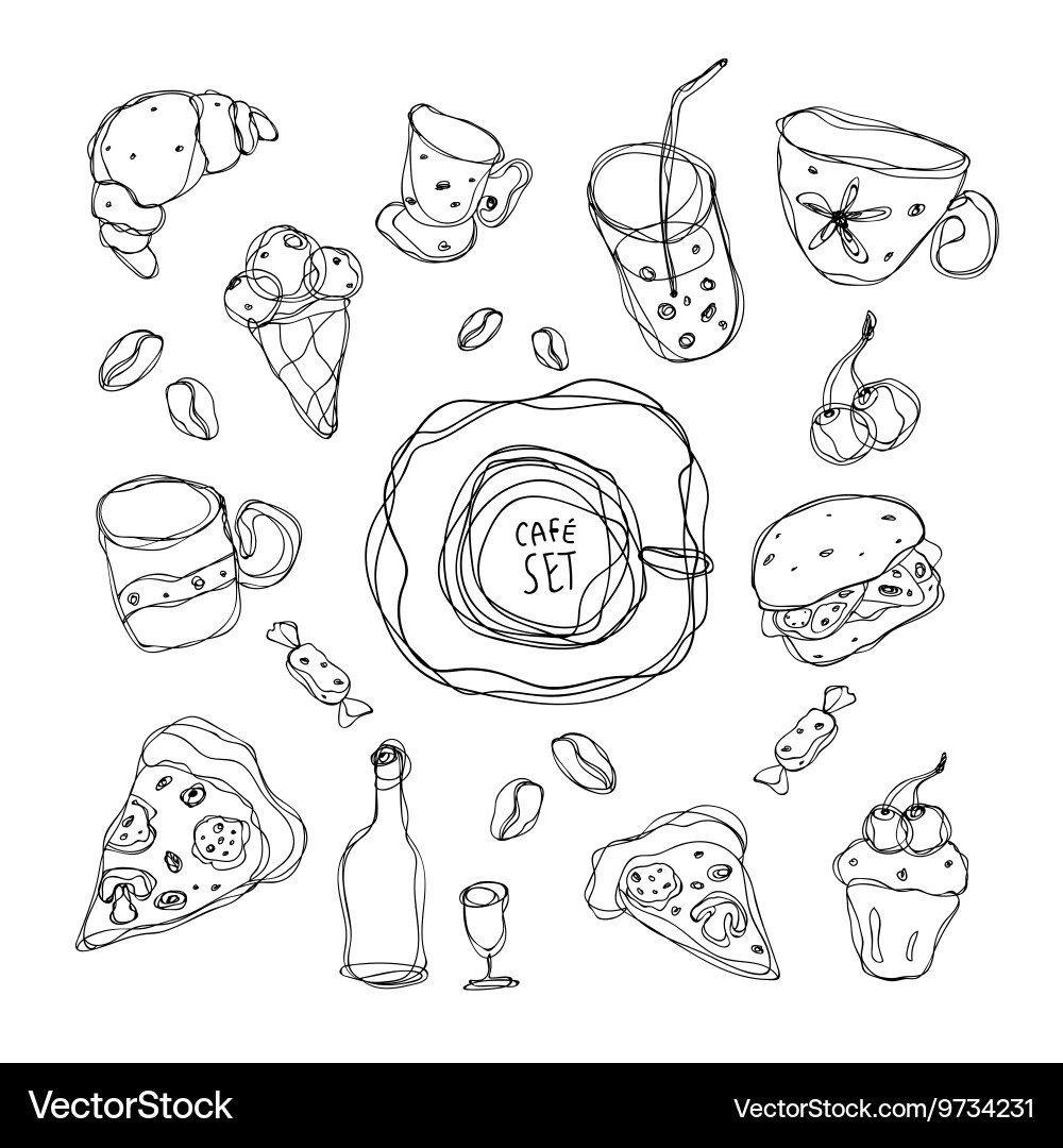 Set of simple sketches on the theme cafe vector image