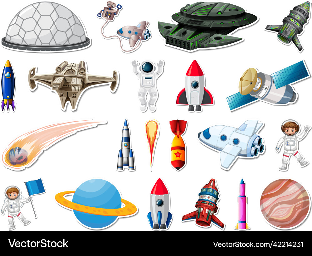Sticker set of outer space objects and astronauts Sticker set of outer space objects and astronauts vector image