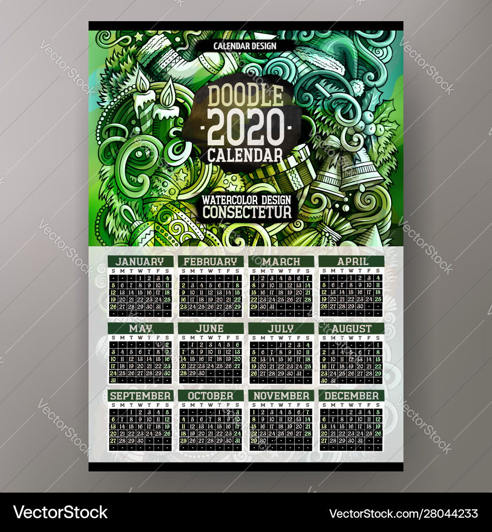 Cartoon doodles christmas 2020 year calendar Cartoon doodles christmas 2020 year calendar vector image