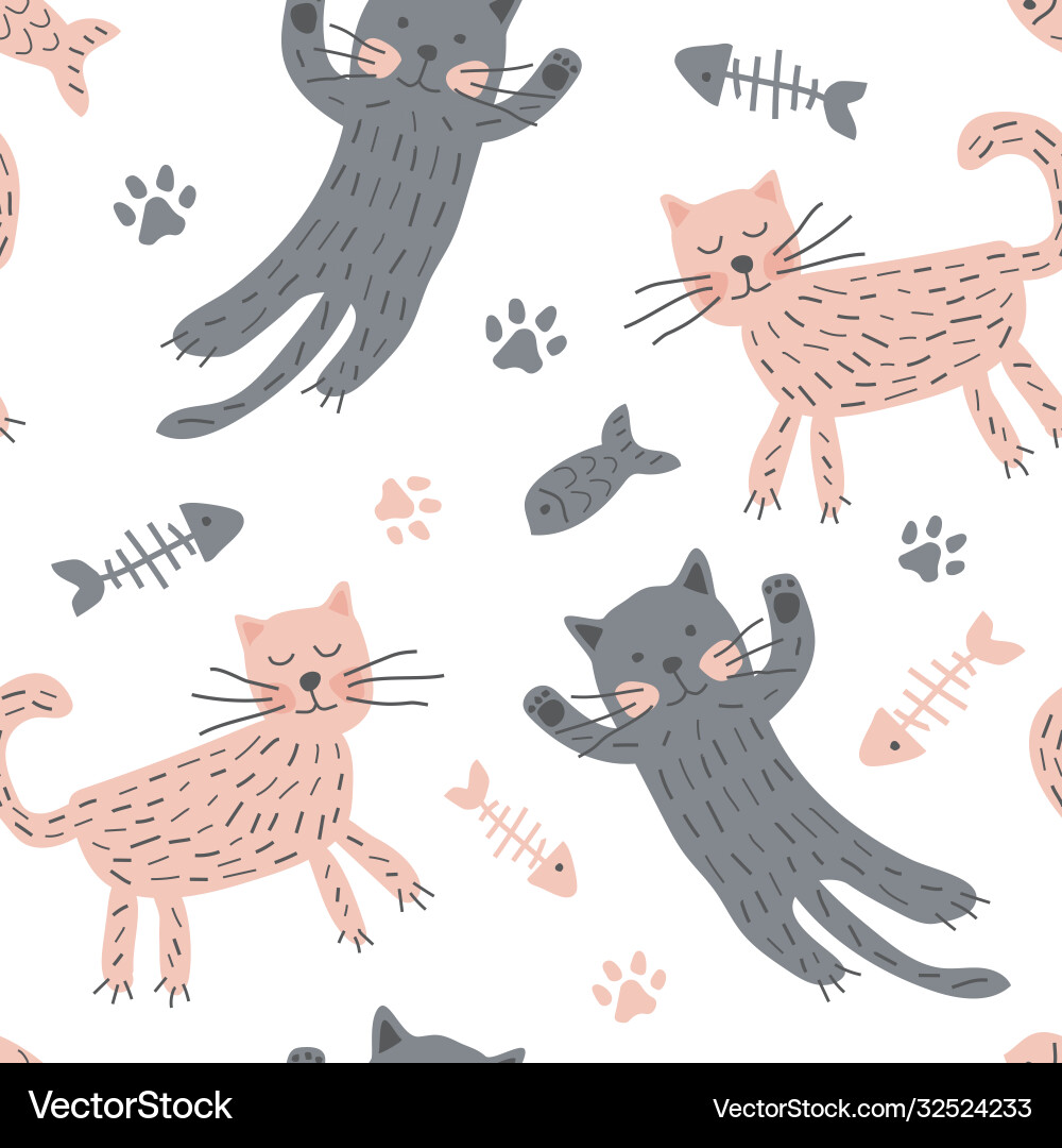 Cute Cat Pattern - Seamless Texture Vector Image
