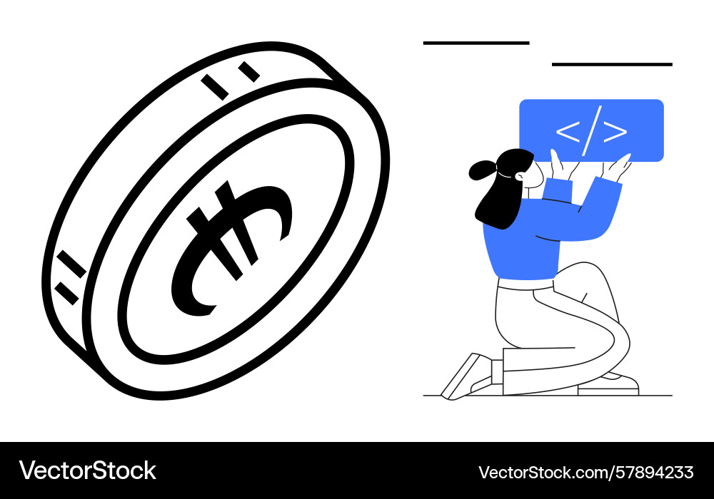 Developer programming on code interface beside vector image