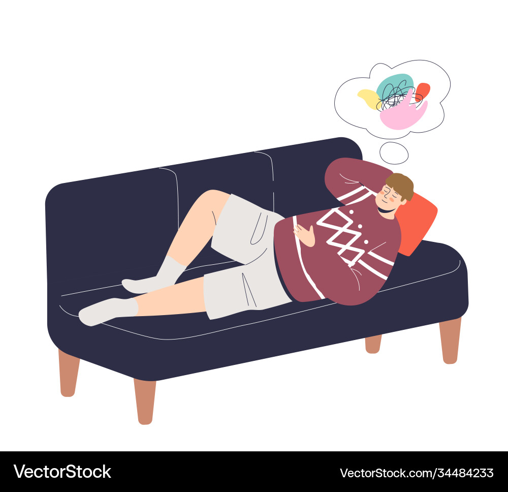 Man lying on couch and daydreaming relaxing Man lying on couch and daydreaming relaxing vector image