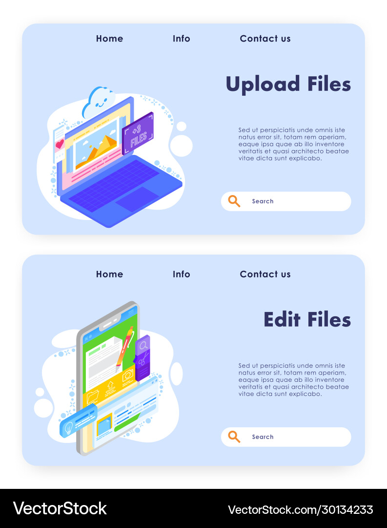 Upload files website landing page template Upload files website landing page template vector image