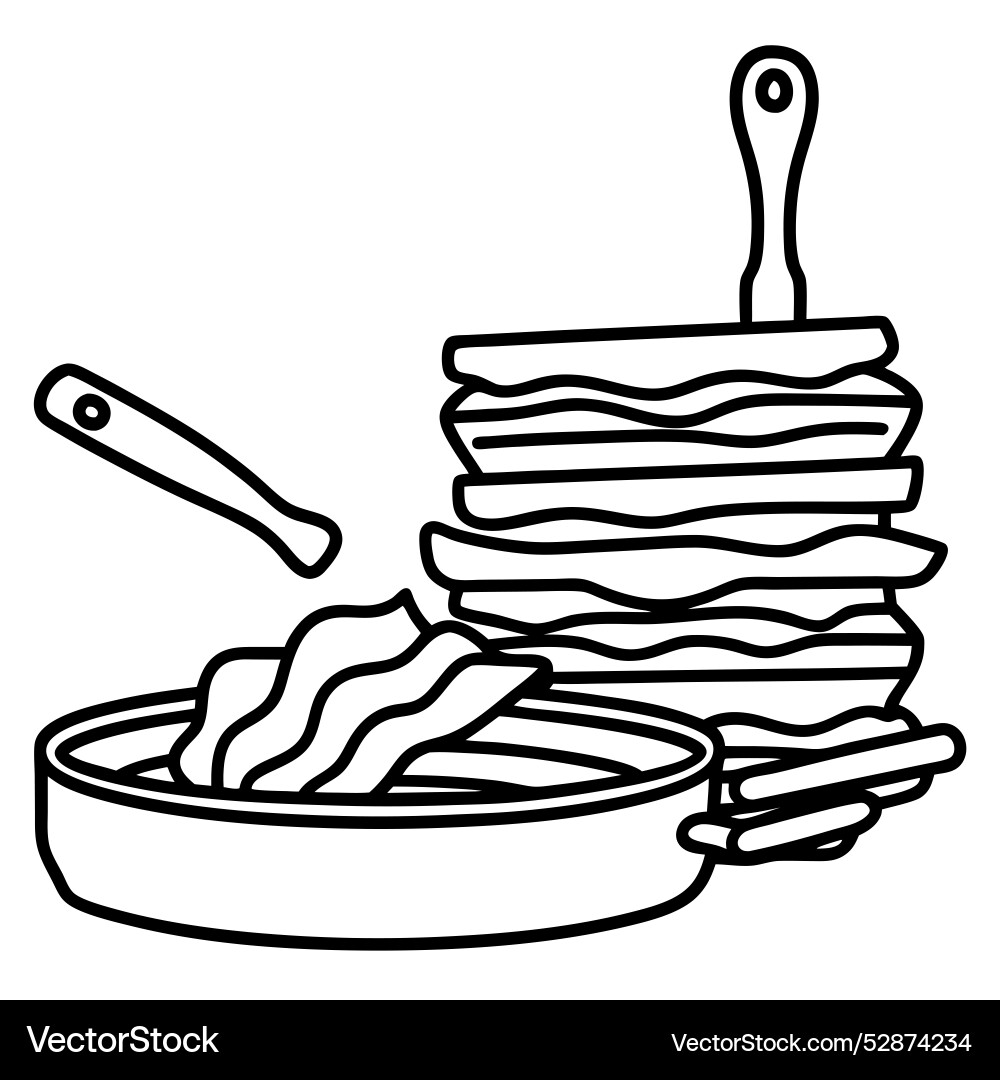 A stack of bacon atop counter beside frying Vector Image