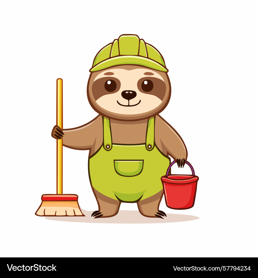 Adorable Sloth Janitor in grünen Overalls halten Vektorbild