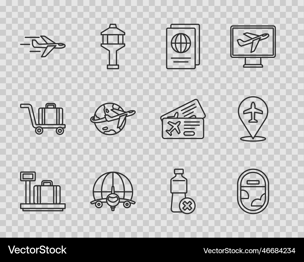Set line scale with suitcase airplane window Set line scale with suitcase airplane window Vector Image