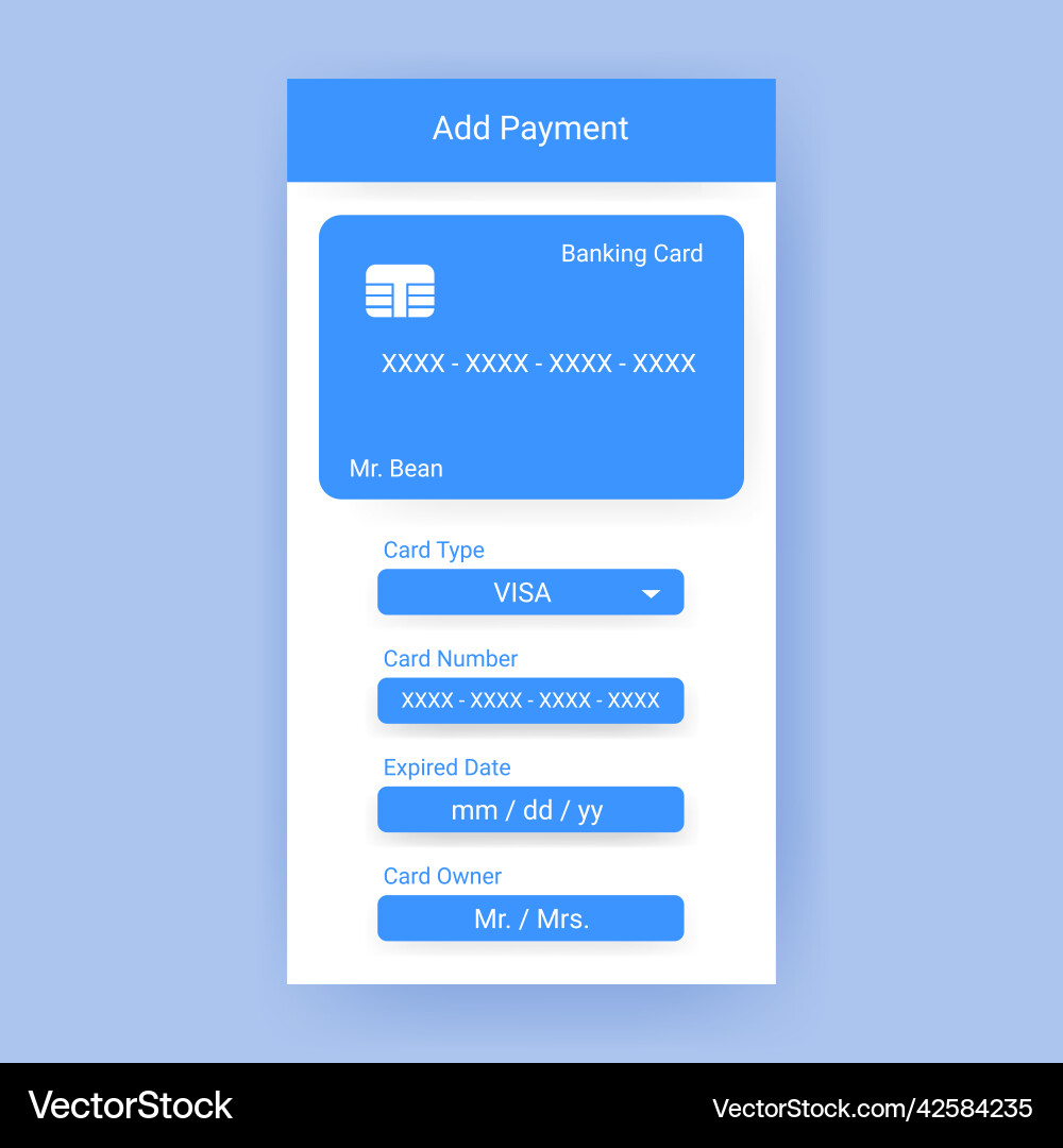 Banking card form user interface mobile app vector image