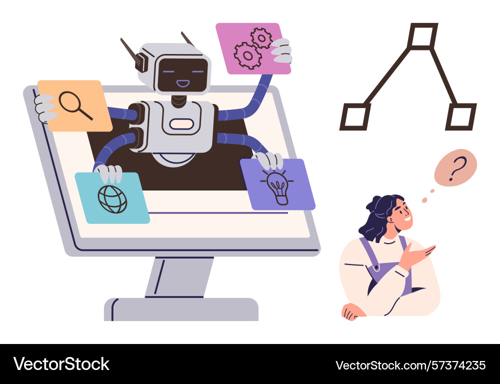Robot assistant displaying task icons on screen Robot assistant displaying task icons on screen vector image