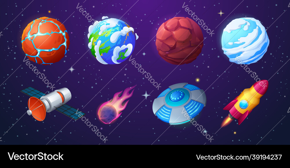 Alien Planets & Spaceship Vector Image