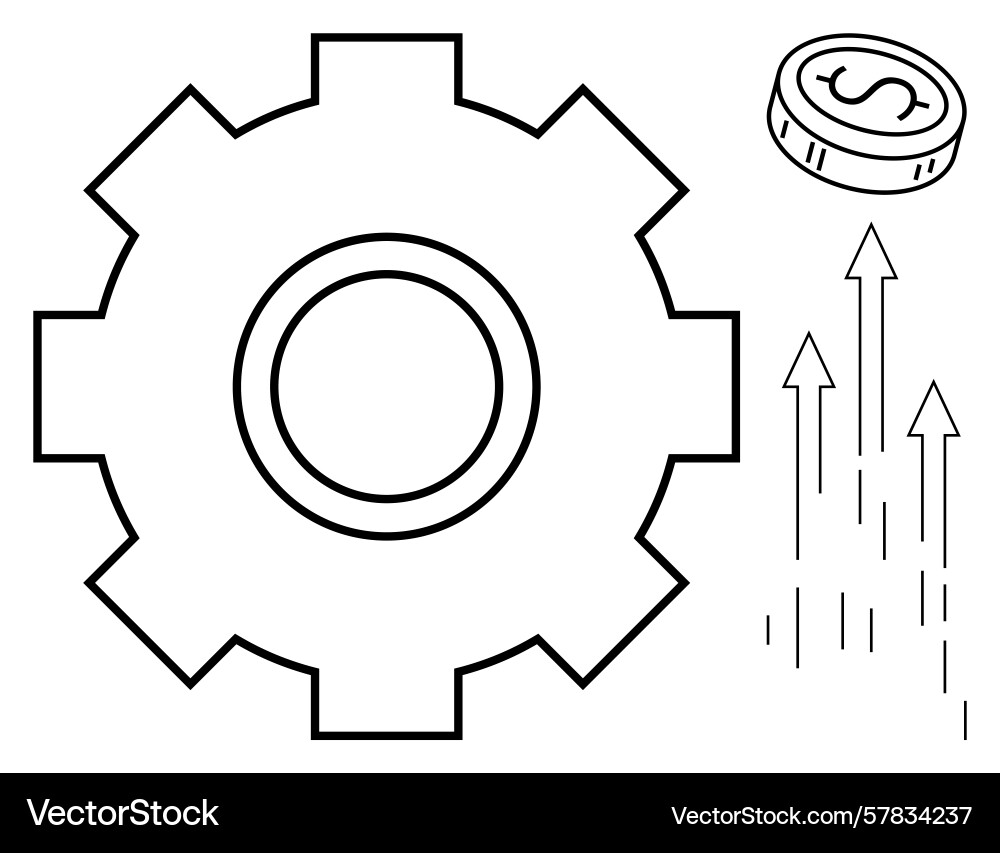 Gear and coin with upward arrows representing Gear and coin with upward arrows representing Vector Image