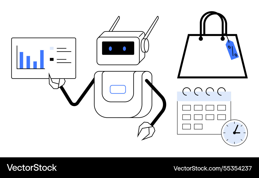 Robot presenting data analysis with shopping bag Robot presenting data analysis with shopping bag vector image