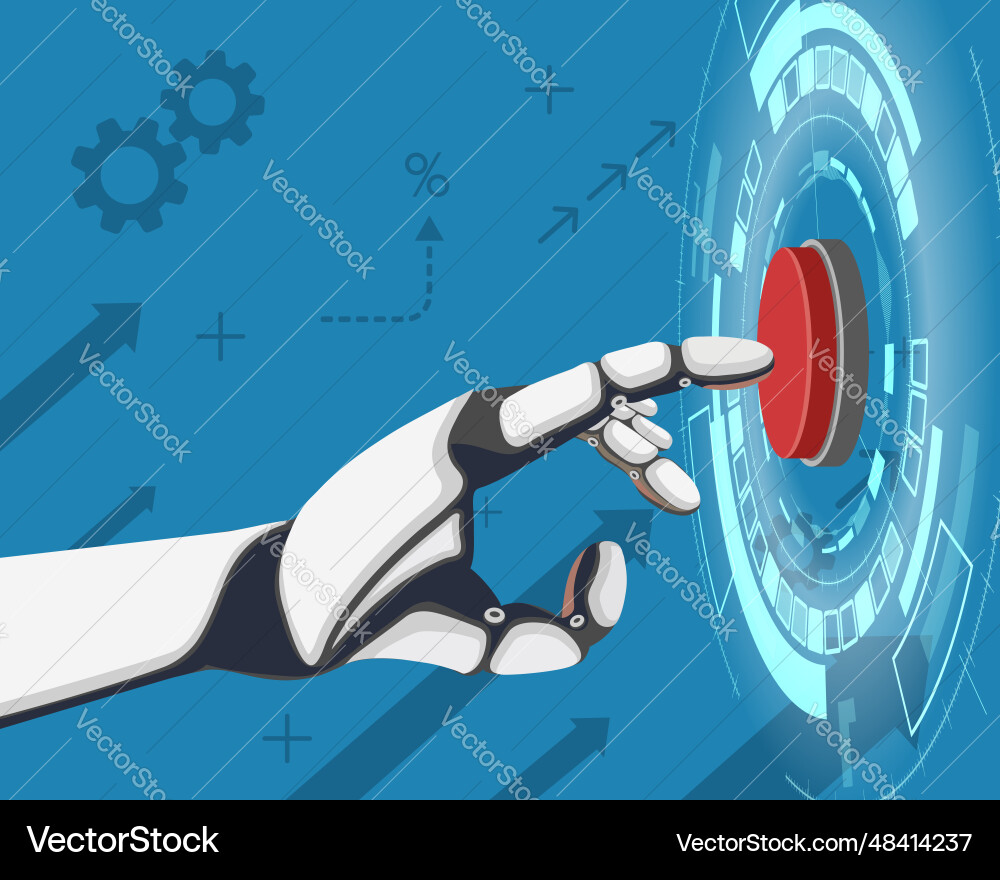 Robot presses the start button with a finger Vector Image