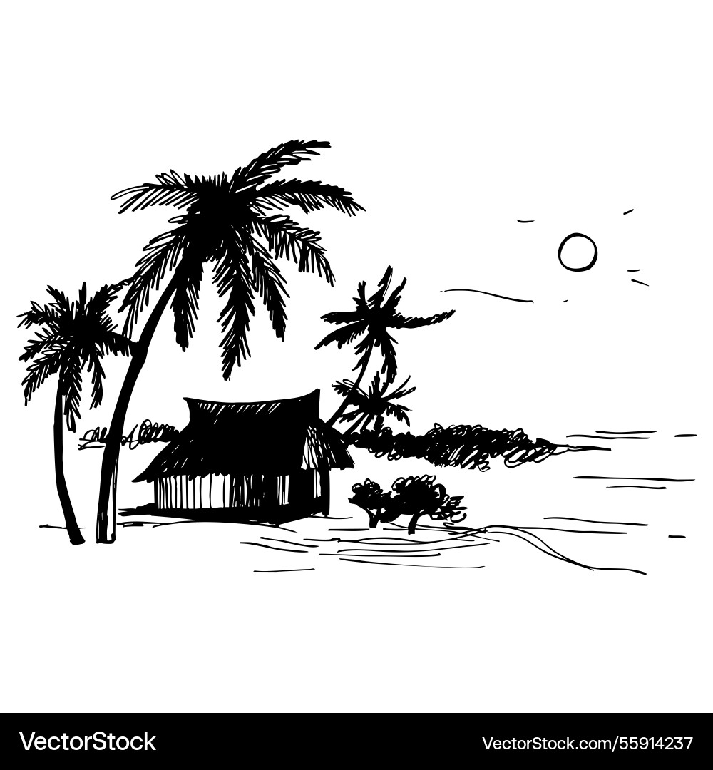 Sketch hut and palm trees on the beach Sketch hut and palm trees on the beach Vector Image