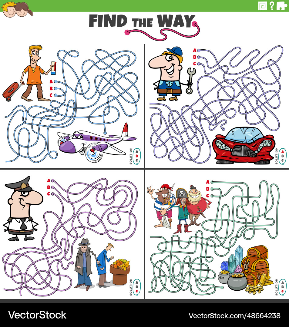 Find the way maze games set with people characters Vector Image