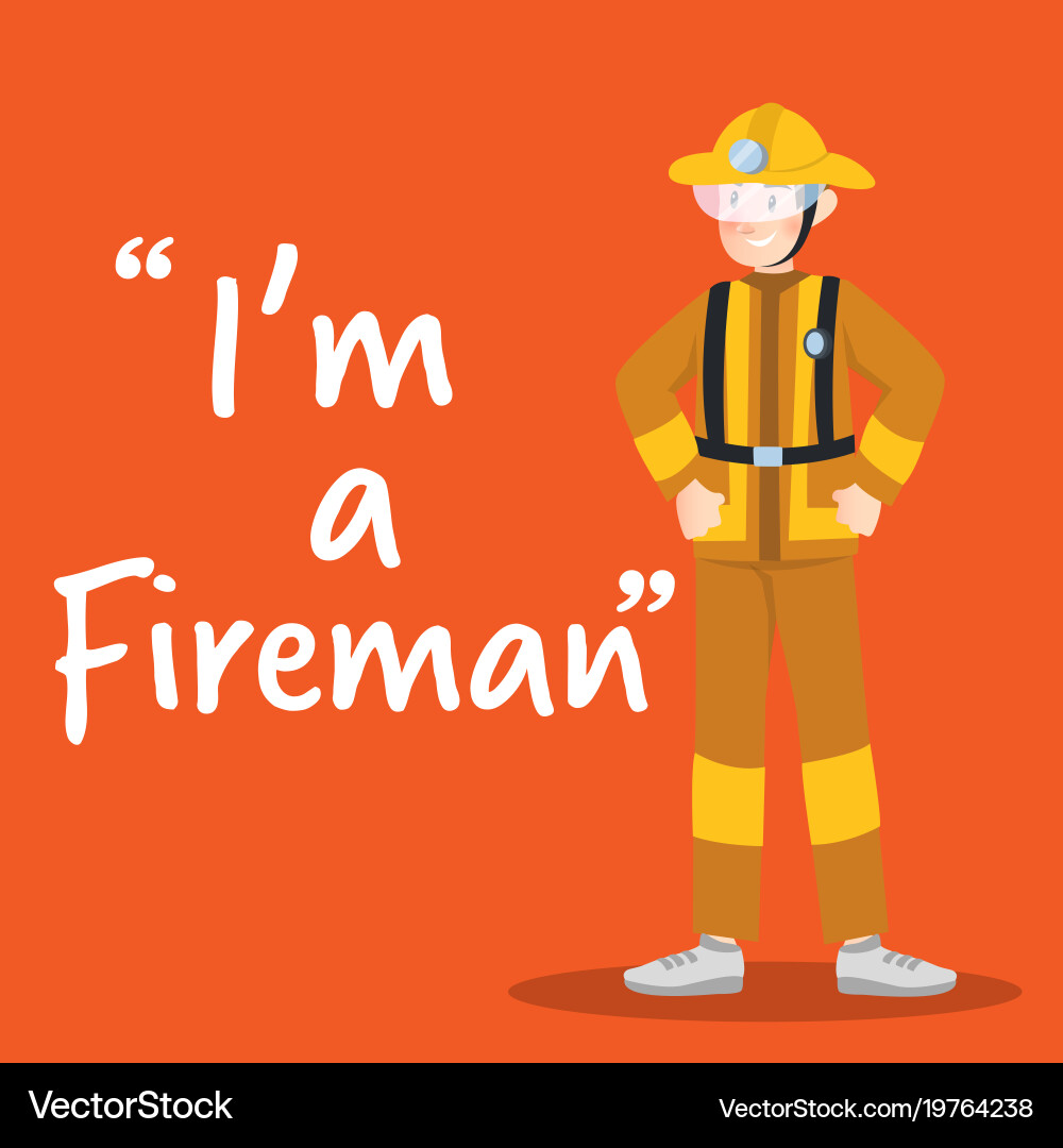 Fireman smiling character on orange background Vector Image