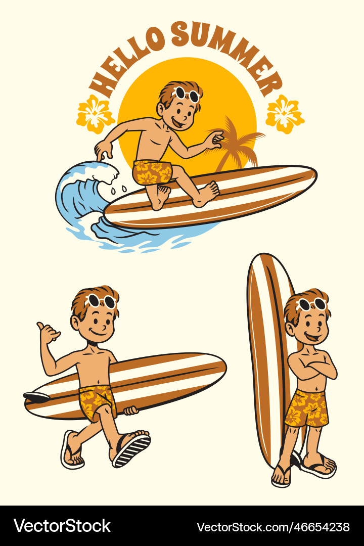 Set vintage surfer boy Royalty Free Vector Image