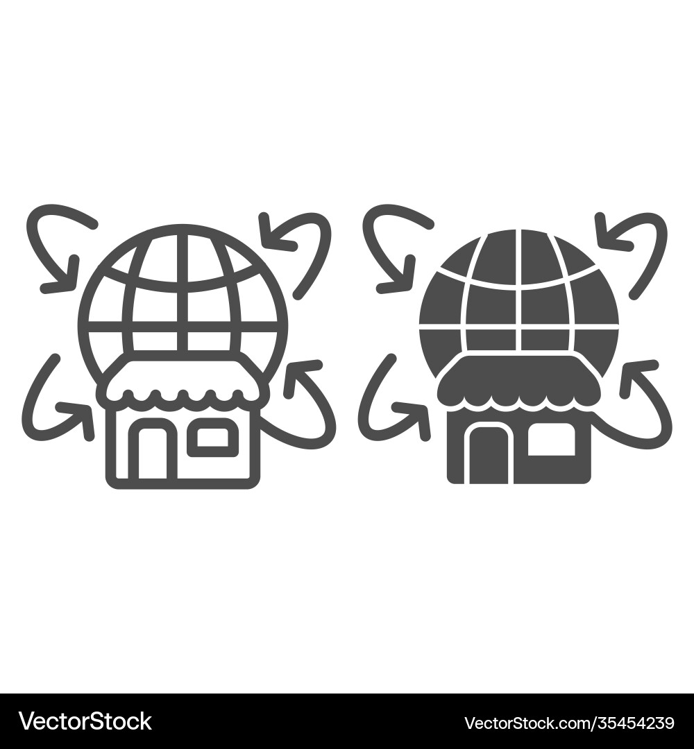 Globe with arrows and shop line solid icon Globe with arrows and shop line solid icon vector image