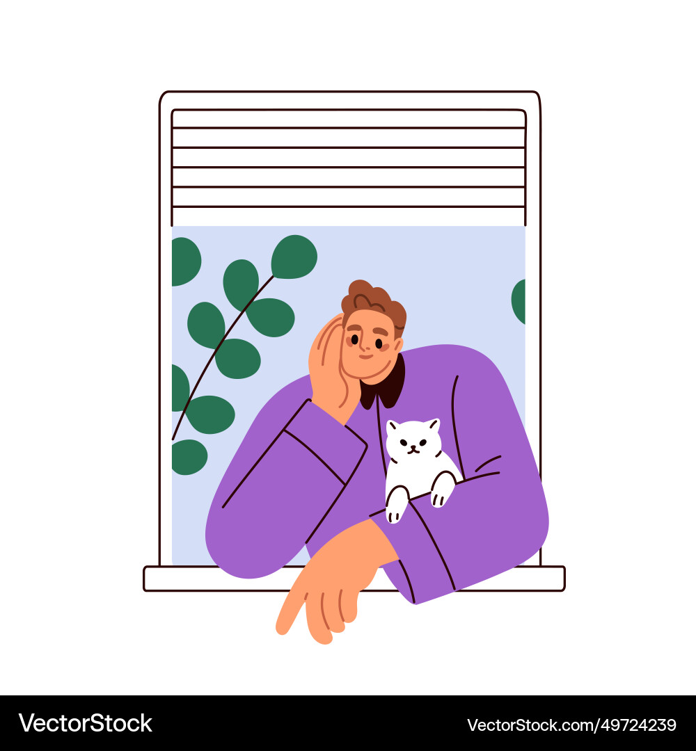 Man and cat looking out of open window happy pet Man and cat looking out of open window happy pet Vector Image
