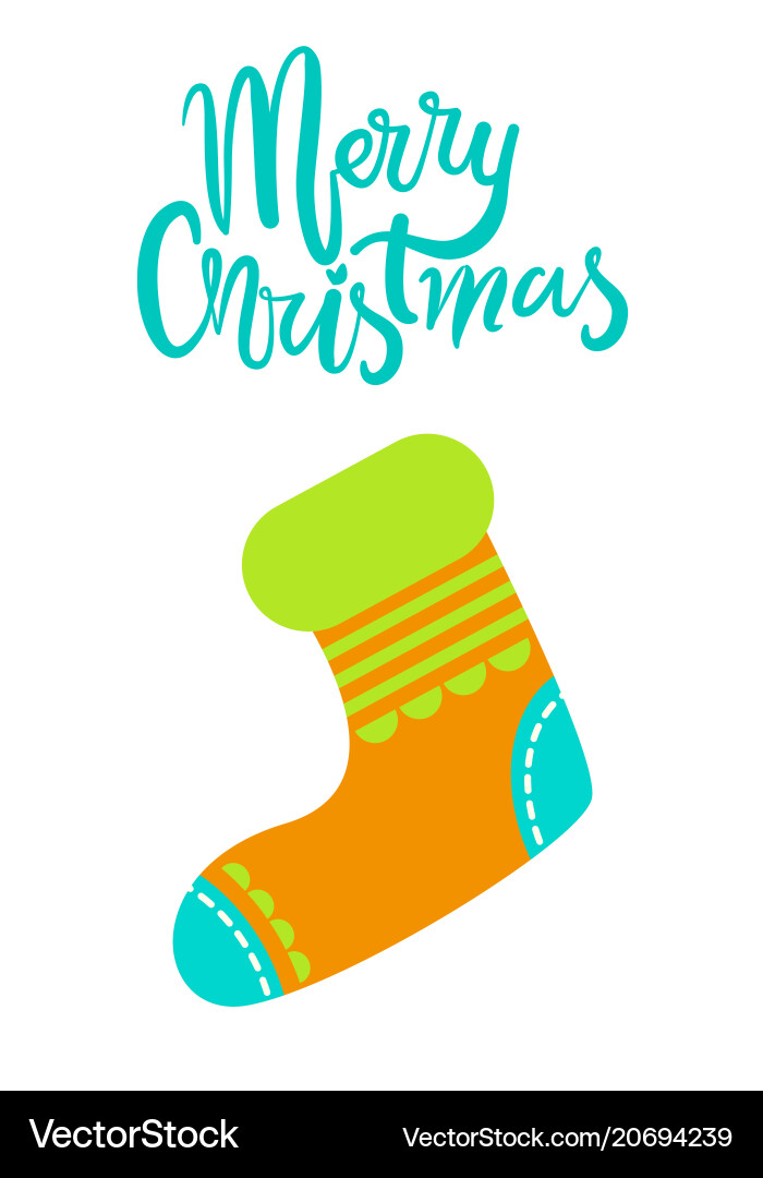 Merry christmas greeting card with knitted sock Merry christmas greeting card with knitted sock vector image