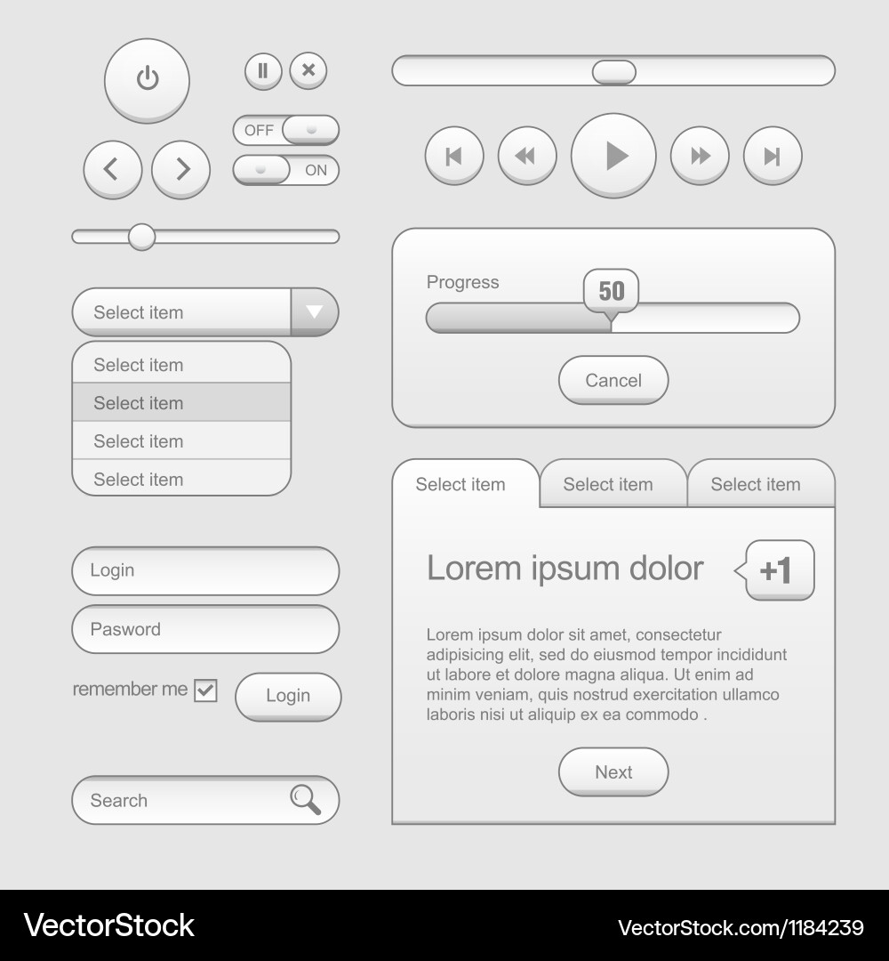 Modern Gray Web UI Buttons & Controls vector image