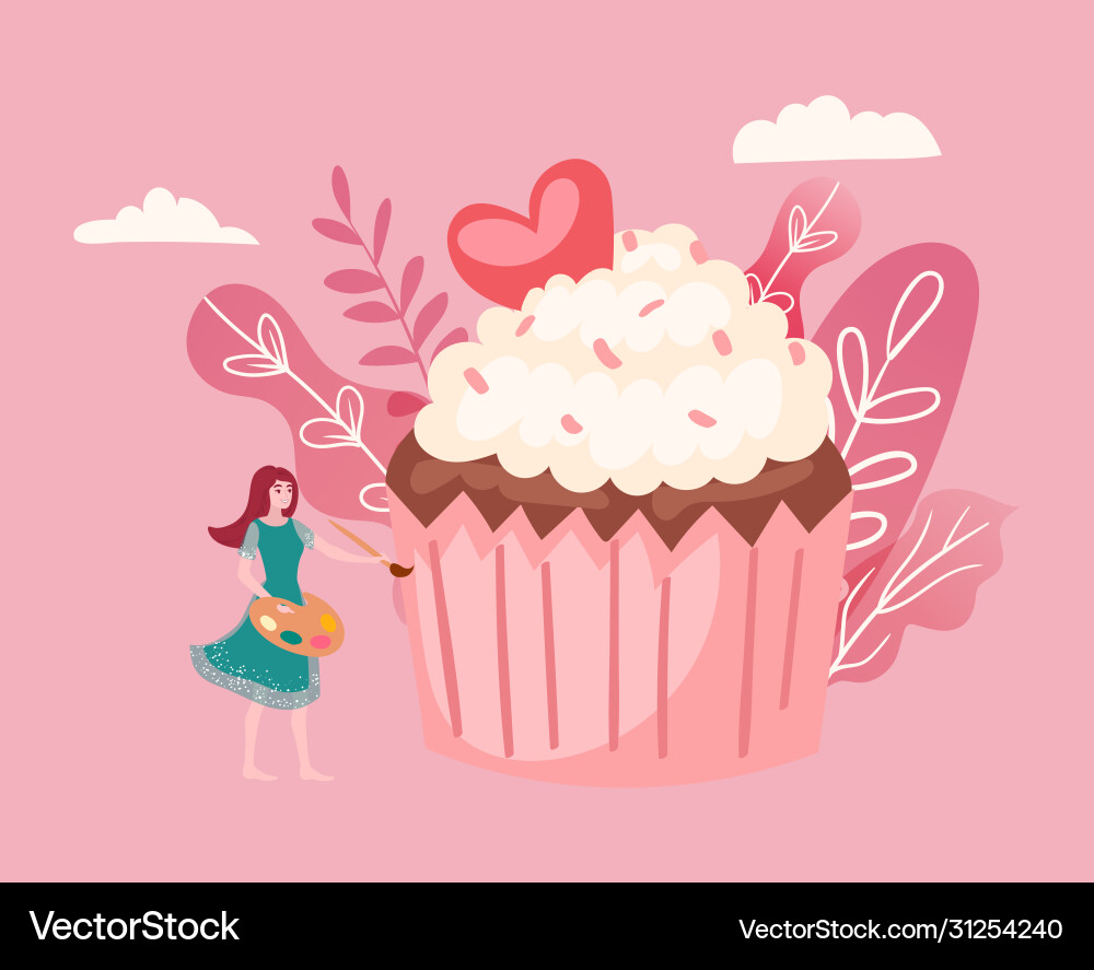 Big cake and tiny girl decorating giant cupcake Big cake and tiny girl decorating giant cupcake vector image