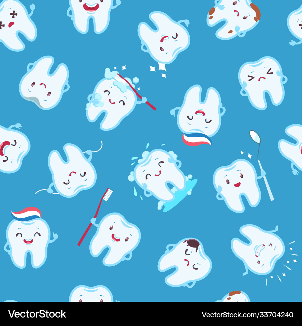 Cute teeth seamless pattern funny tooth Royalty Free Vector
