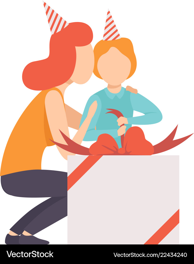 Mom giving large gift box to her little son kid Mom giving large gift box to her little son kid vector image