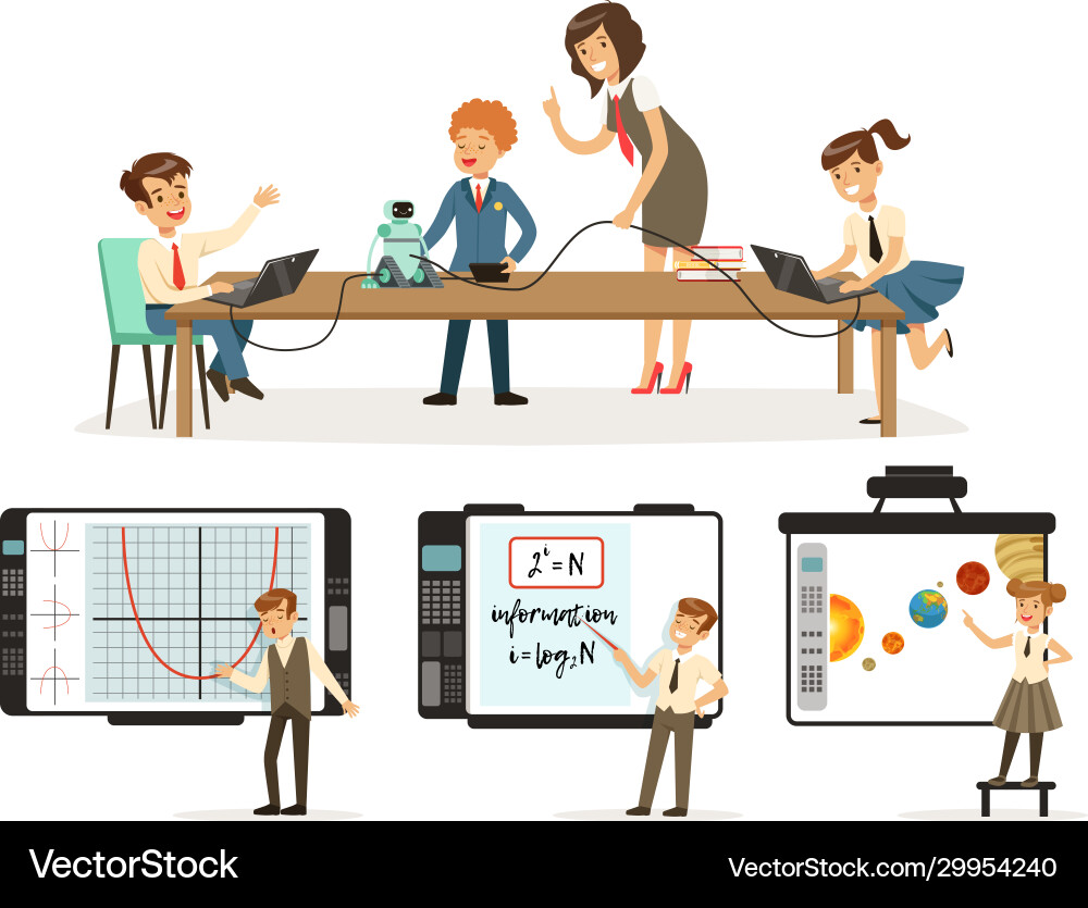 School children at informatics or programming School children at informatics or programming vector image