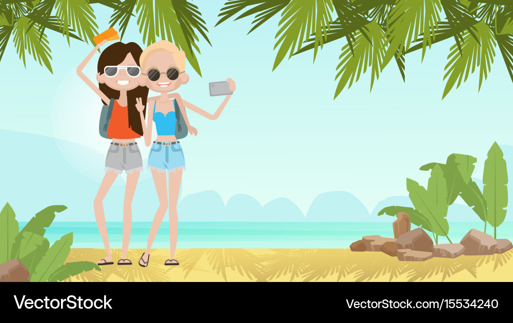 Two Girls Taking Beach Selfie Vector Image