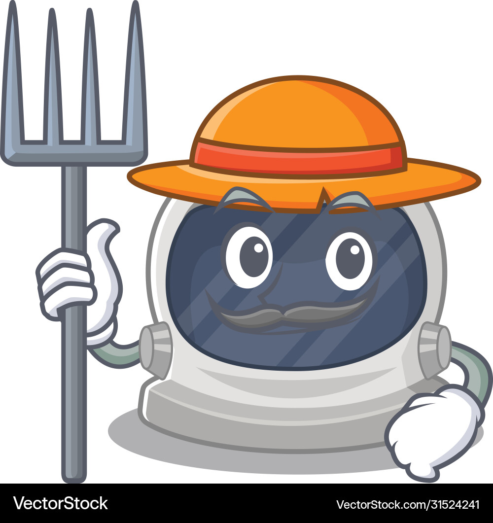 Astronaut helmet as farmer with hat and pitchfork Vector Image