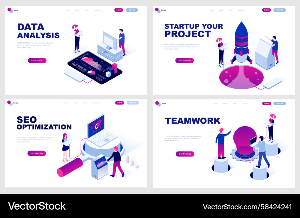 Isometric Landing Page Templates - Data & Startup Vector Image
