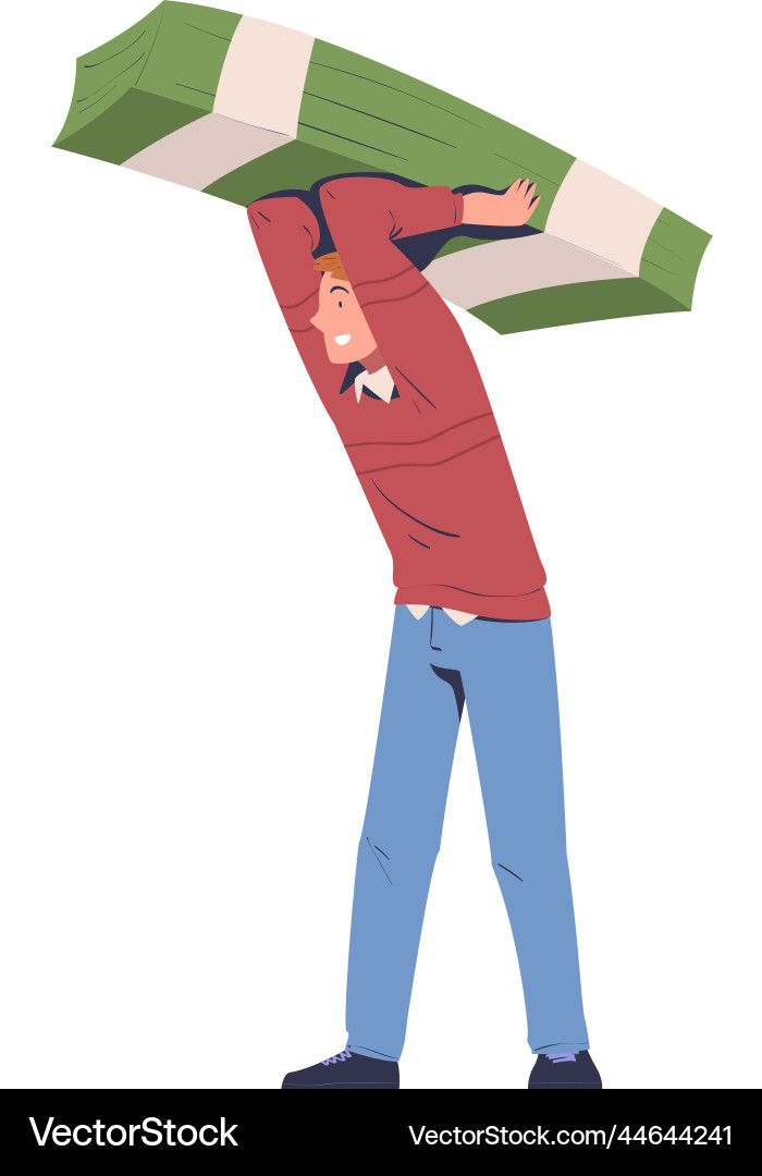 Man character carrying huge stack of dollar Man character carrying huge stack of dollar Vector Image