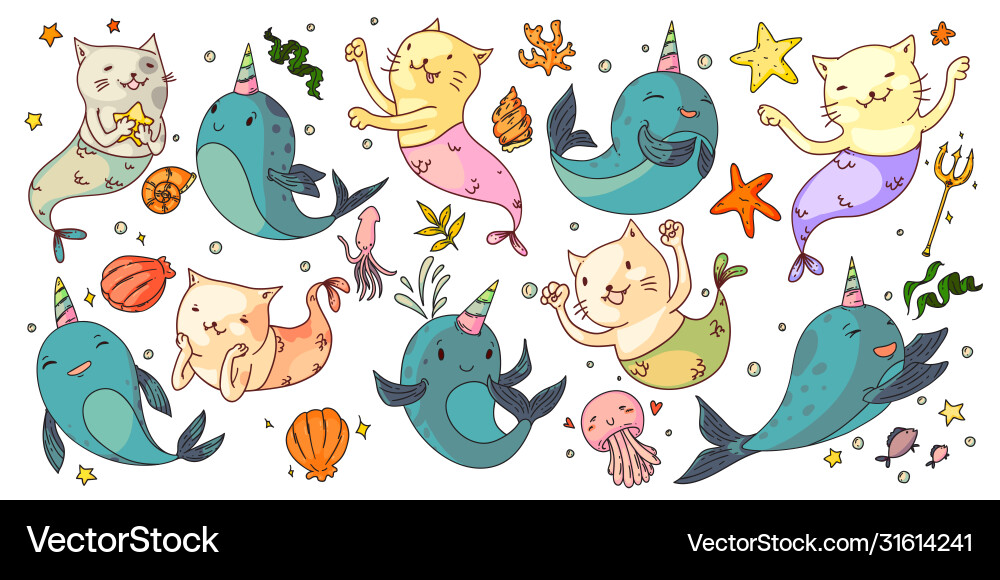 Mermaid cats and unicorn narwhals Mermaid cats and unicorn narwhals vector image