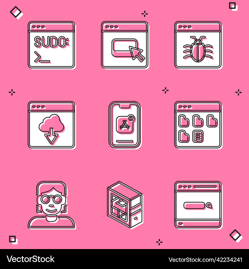 Set code terminal browser files system bug Vector Image