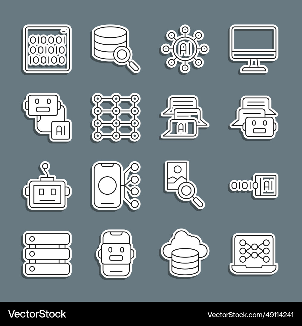 Set line neural network binary code chat bot Vector Image