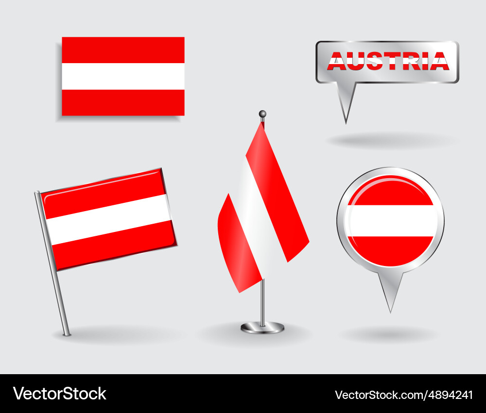 Set von austrischen Pin-Symbolen und Kartenzeiger-Flags vektorbild