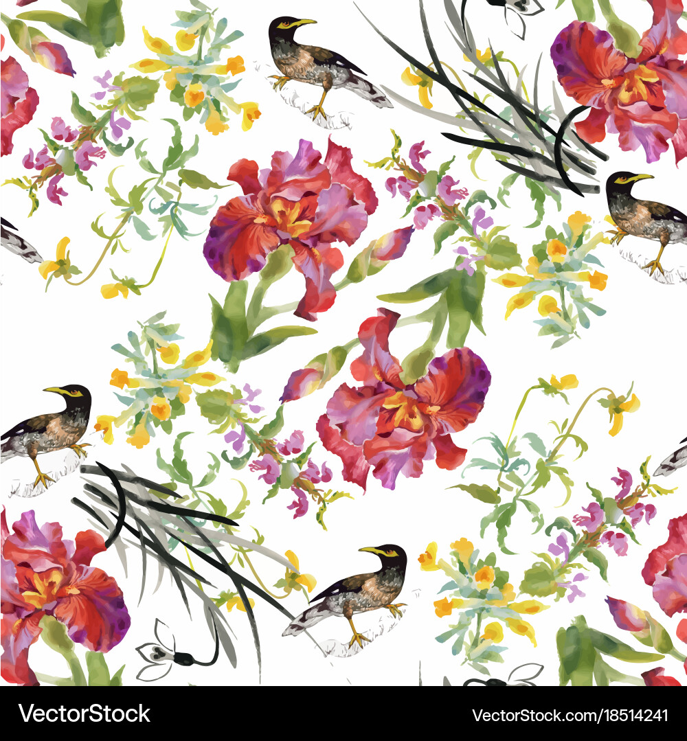 Watercolor Floral Bird Pattern Vector Image