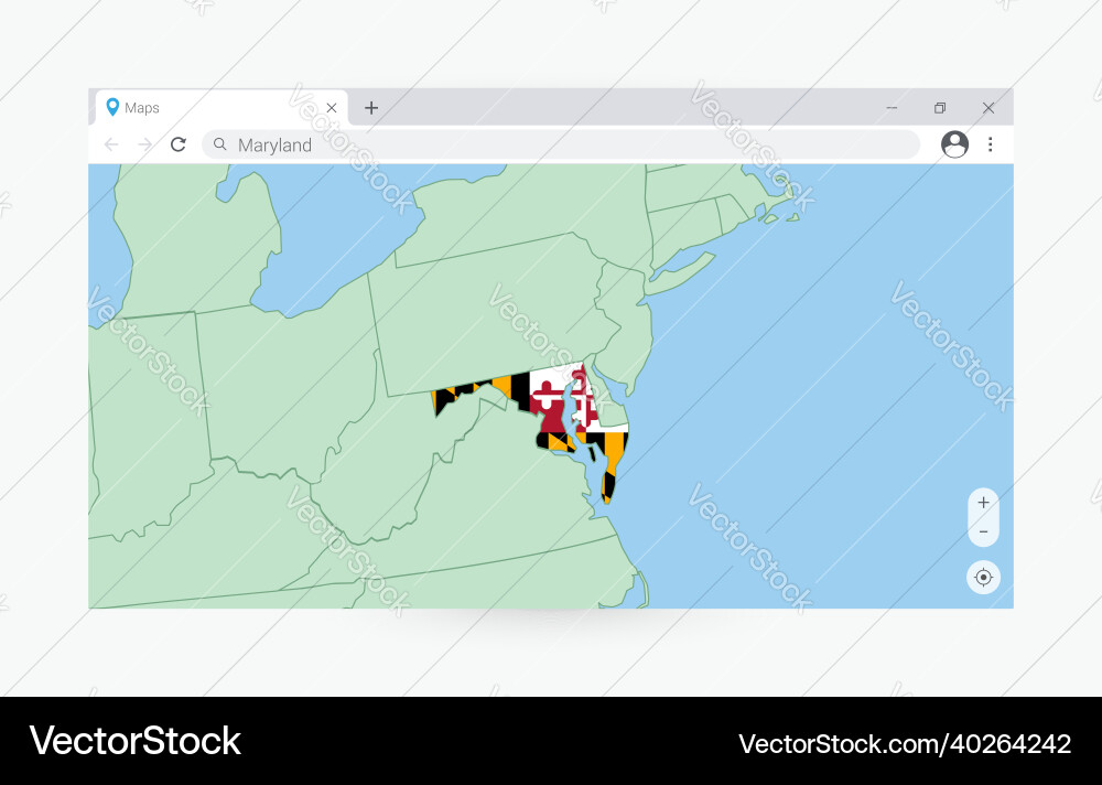 Browser window with map of maryland searching vector image