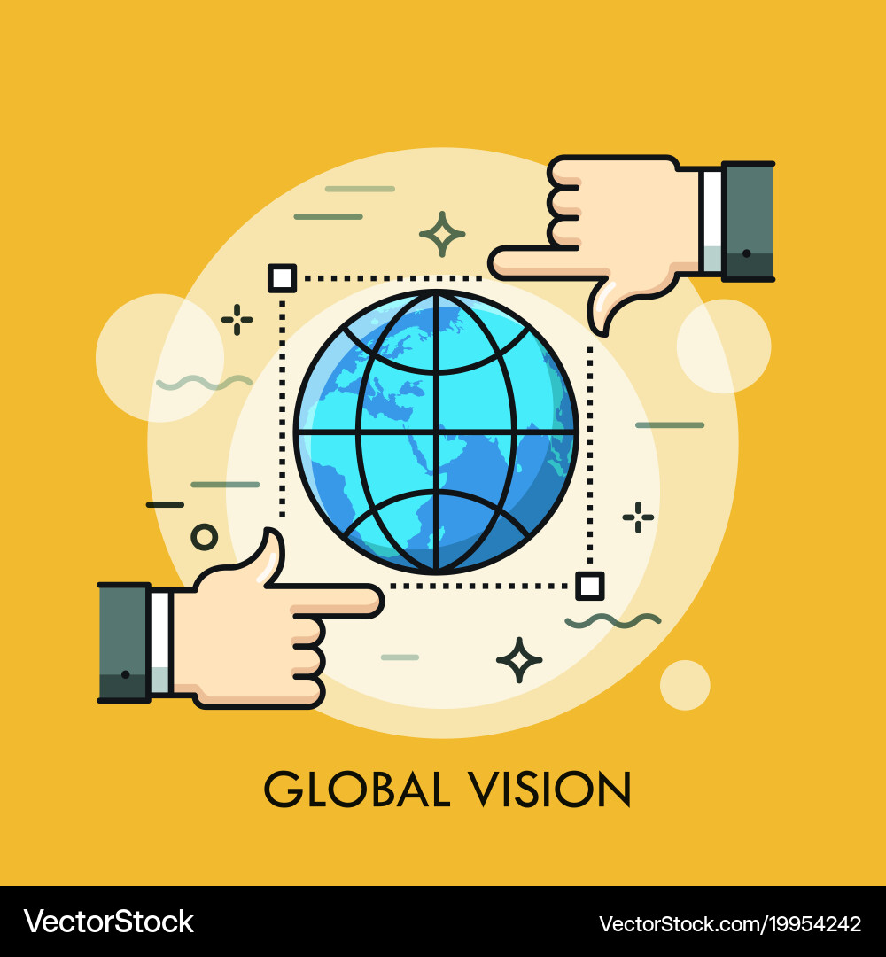 Globe inside frame of selection tool and two hands vector image